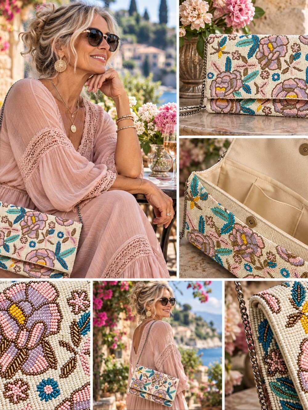 196 POL Beaded Floral Clutch in Cream with Pink & Teal Accents
